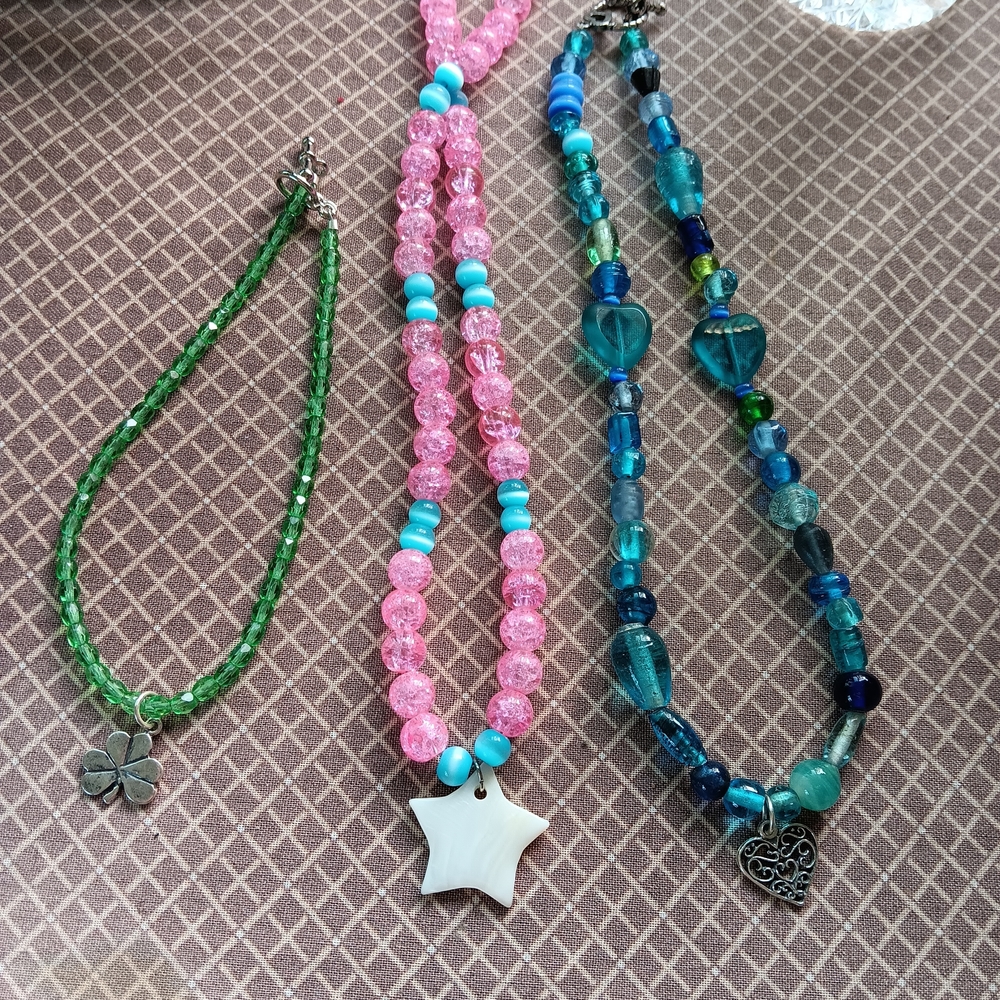 2 beaded Necklaces,1 anklet, Glass Beads, Sterling Charms.